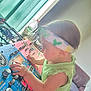 toddler, child, headband, green_clothing, music_equipment, sound_mixer, knobs, buttons, indoor, curtains, daylight, person, playing, technology, table, glass_bottle, orange_juice, focus, baby, exploration
