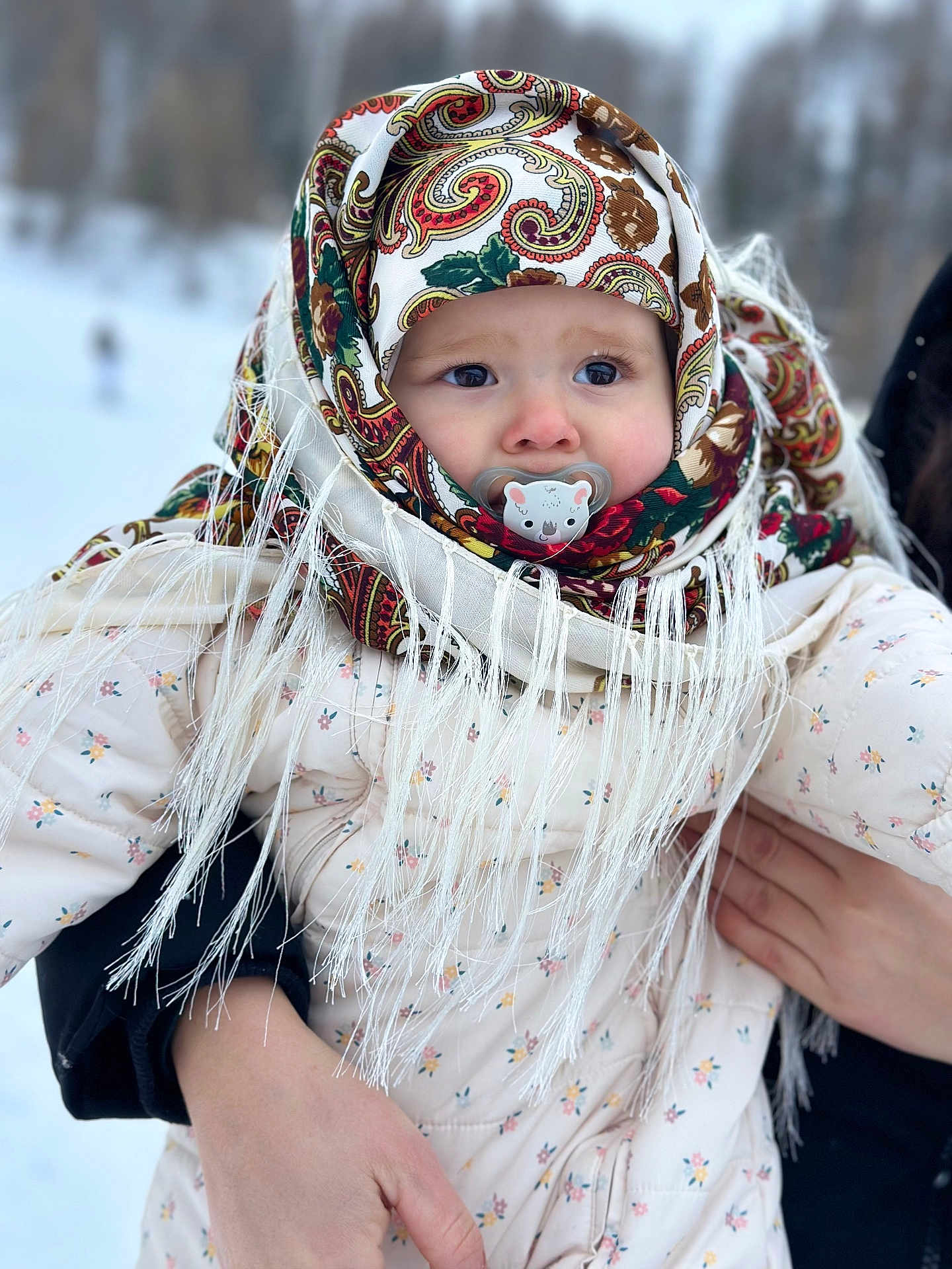 Lia participe au concours pour gagner de l'argent avec cette photo : baby, child, scarf, pacifier, winter_clothing, snow, outdoor, cold_weather, patterned_fabric, floral, person, holding, cute, face, headwear, bundle_up, winter, infant, portrait, hands