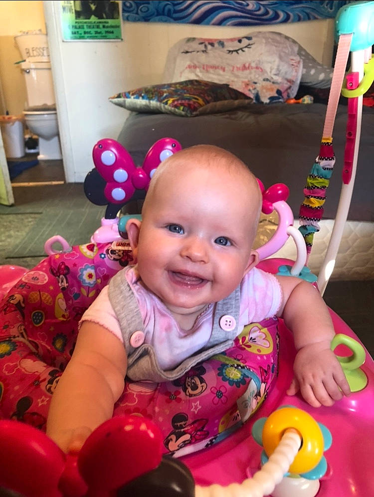 Nancy joined the competition — help win amazing prizes! baby, baby_playing_with_toys, baby_products, baby_toddler_clothing, cheek, child, door, fun, happy, joy, magenta, person, pink, play, product, purple, sitting, skin, smile, snapshot