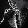 black_and_white, cat, woman, profile, intimate, close_up, pet, animal, face, silhouette, lighting, contrast, portrait, feline, human, love, affection, tenderness, monochrome, interaction
