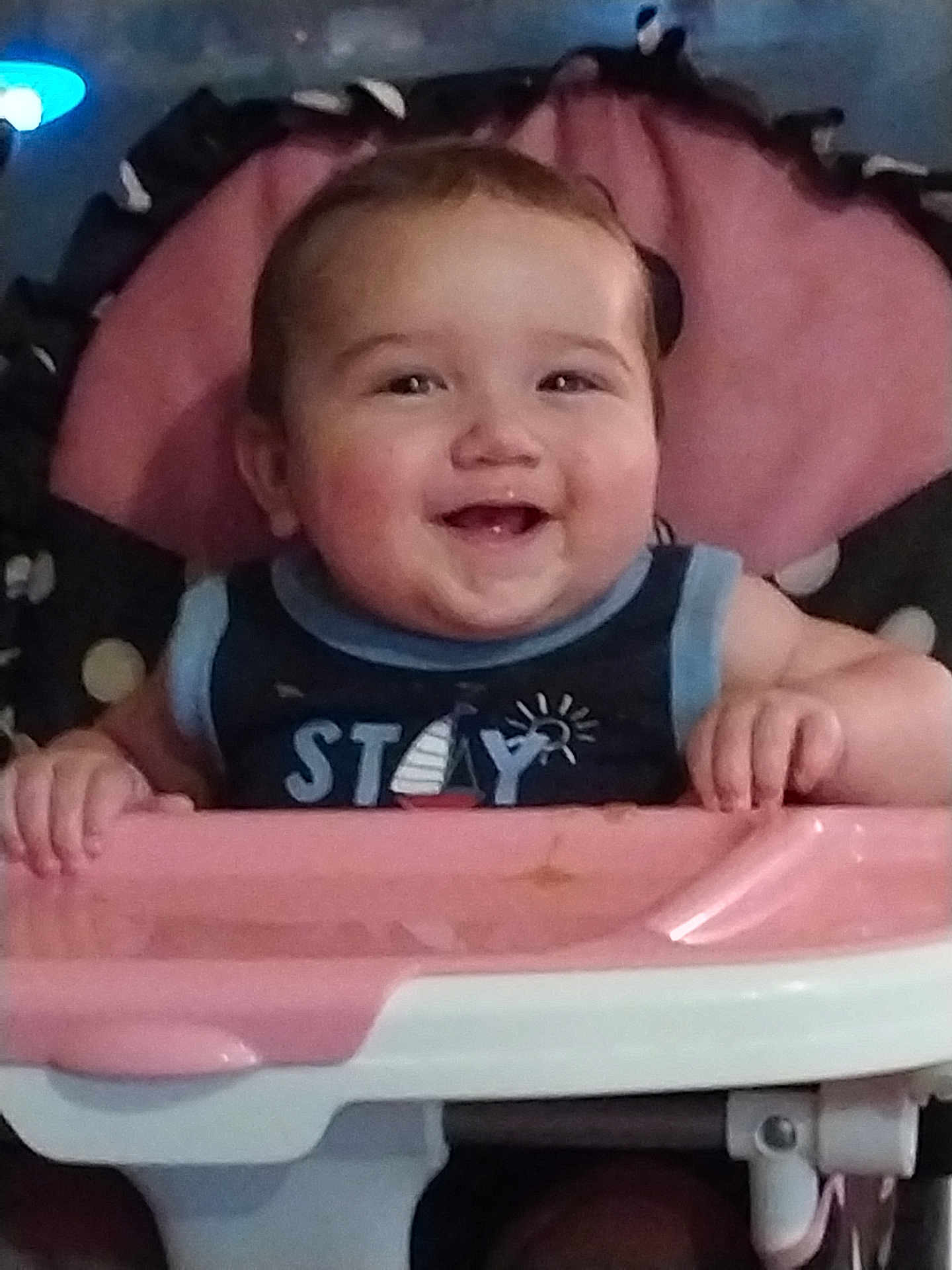 Khayos joined the competition — help win amazing prizes! baby, smiling, high_chair, pink, child, happy, infant, face, hands, clothing, indoor, person, cute, young, seat, sitting, expression, portrait, baby_girl, joy