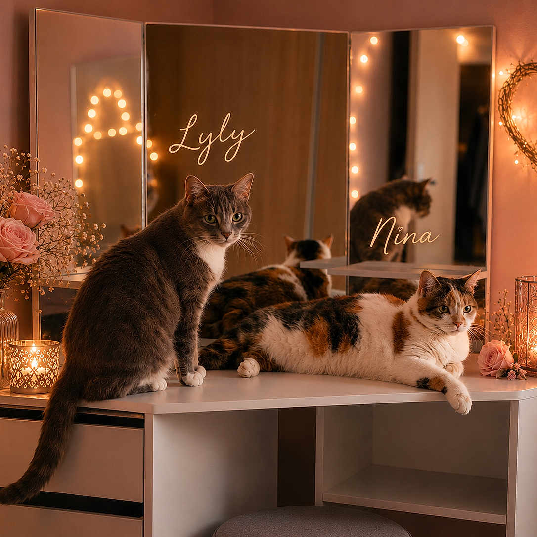 Nina Et Lyly a rejoint le concours — aidez-le/la à gagner de superbes lots ! calm, candle, cat, cats, cozy, cute, decor, fairy_lights, feline, flowers, heart_light, indoor, mirror, pet, pink, reflection, relaxing, roses, vanity_table, white_furniture