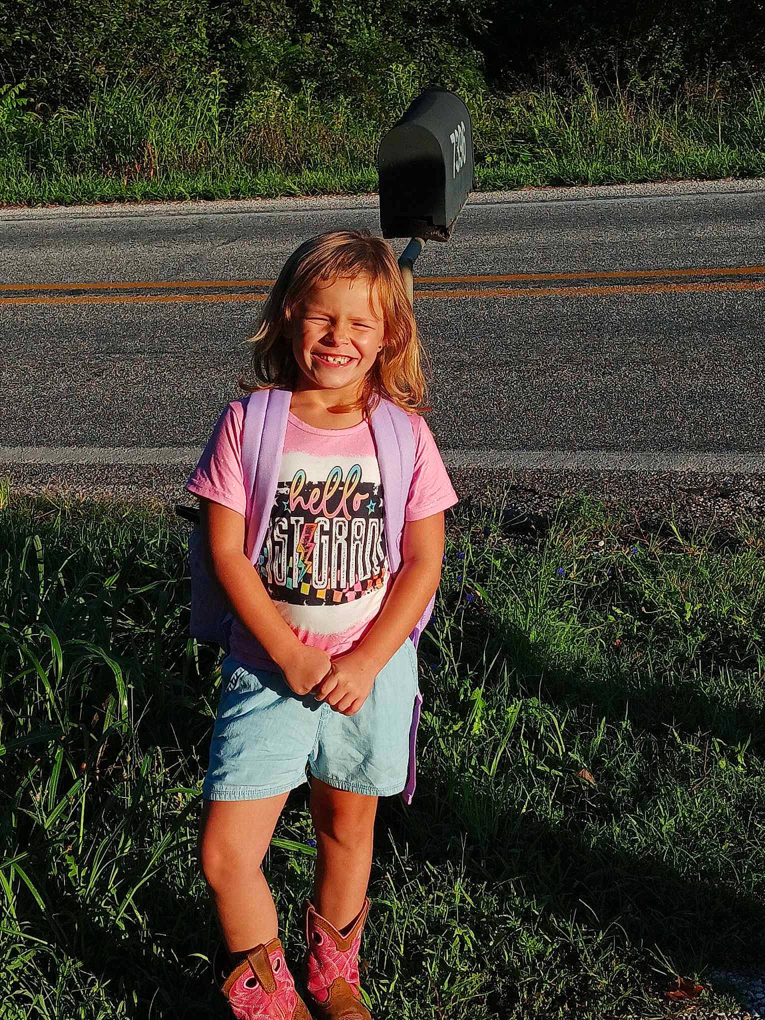 Alexis joined the competition — help win amazing prizes! asphalt, child, cool, fun, grass, grass_family, happy, human_leg, joy, lawn, leisure, long_hair, magenta, people_in_nature, person, plant, smile, soil, t_shirt, thigh