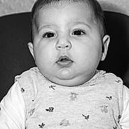 Aria participe au concours pour gagner de l'argent avec cette photo : baby, infant, portrait, black_and_white, chubby_cheeks, clothing, patterned_outfit, face, eyes, mouth, head, young_child, sitting, indoor, closeup, expression, cute, child, person, monochrome