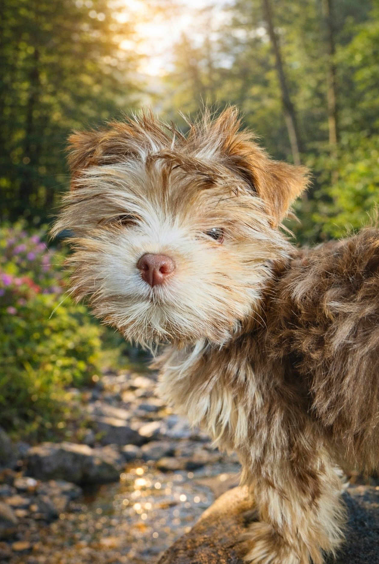 Jezebel is registered to the contest to win money with this photo: dog, puppy, fur, nose, whiskers, outdoors, forest, stream, rocks, sunlight, bokeh, close_up, portrait, brown_fur, fluffy, nature, pet, animal, greenery, leafy