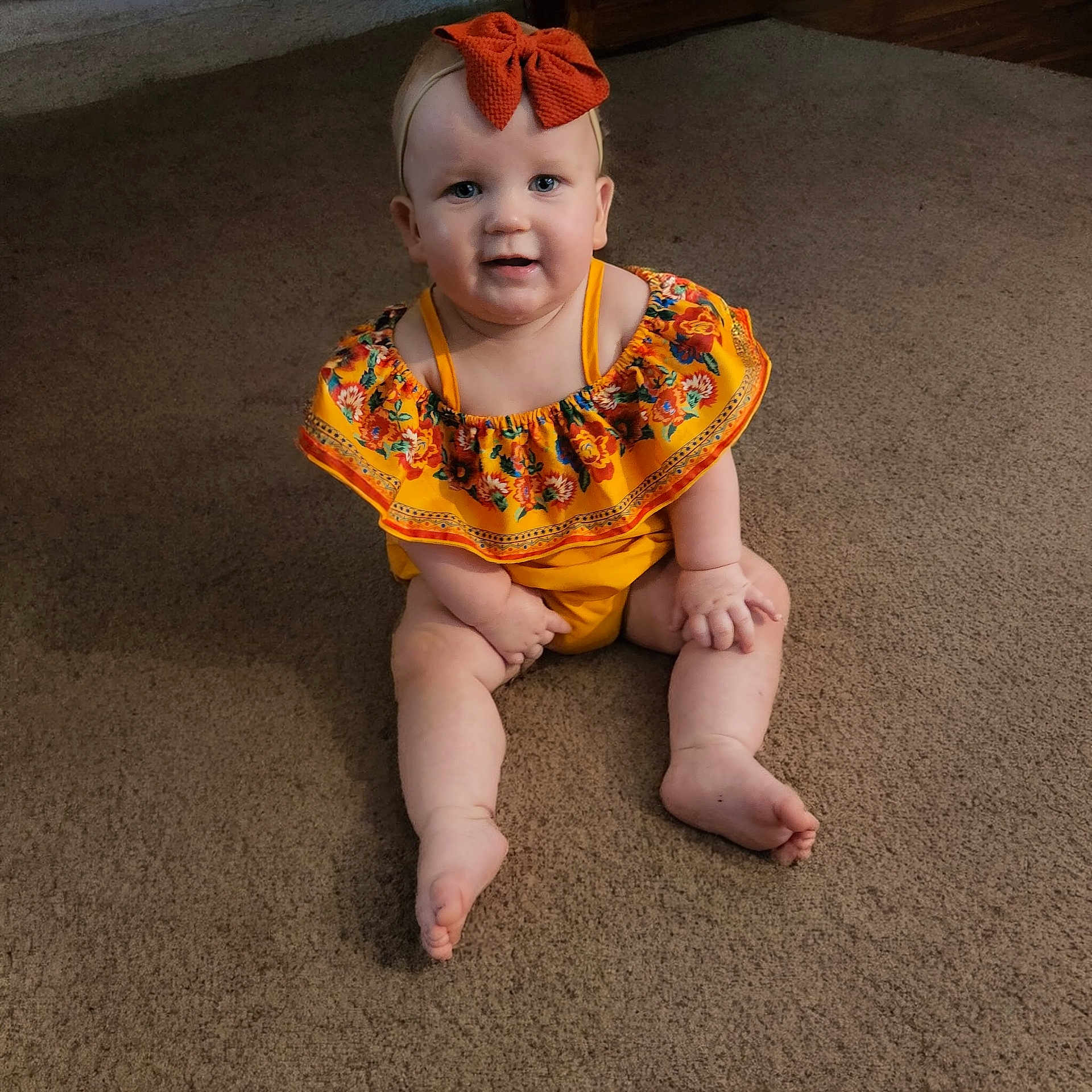 Eleanor joined the competition — help win amazing prizes! accessories, baby, babylaughing, clothing, costume, crawling, dress, face, happy, head, jewelry, laughing, necklace, pants, person, photography, portrait, sitting, smile, t_shirt