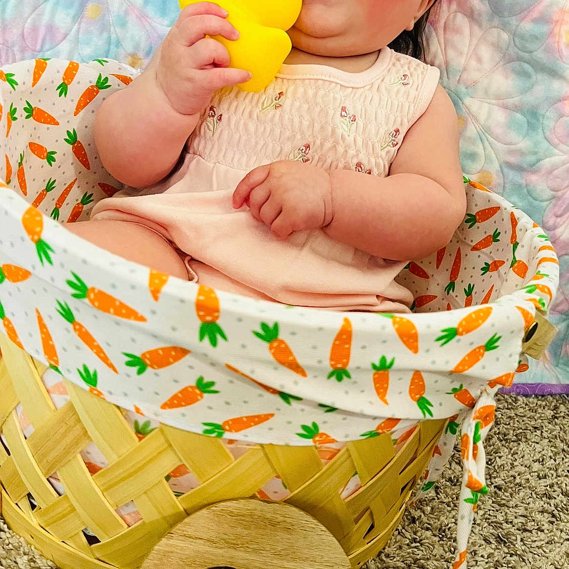 Harper joined the competition — help win amazing prizes! baby, infant, child, basket, carrot_pattern, rubber_duck, toy, smiling, happy, cute, sitting, pink_dress, quilt, carpet, indoor, portrait, face, hand, cheeks, young