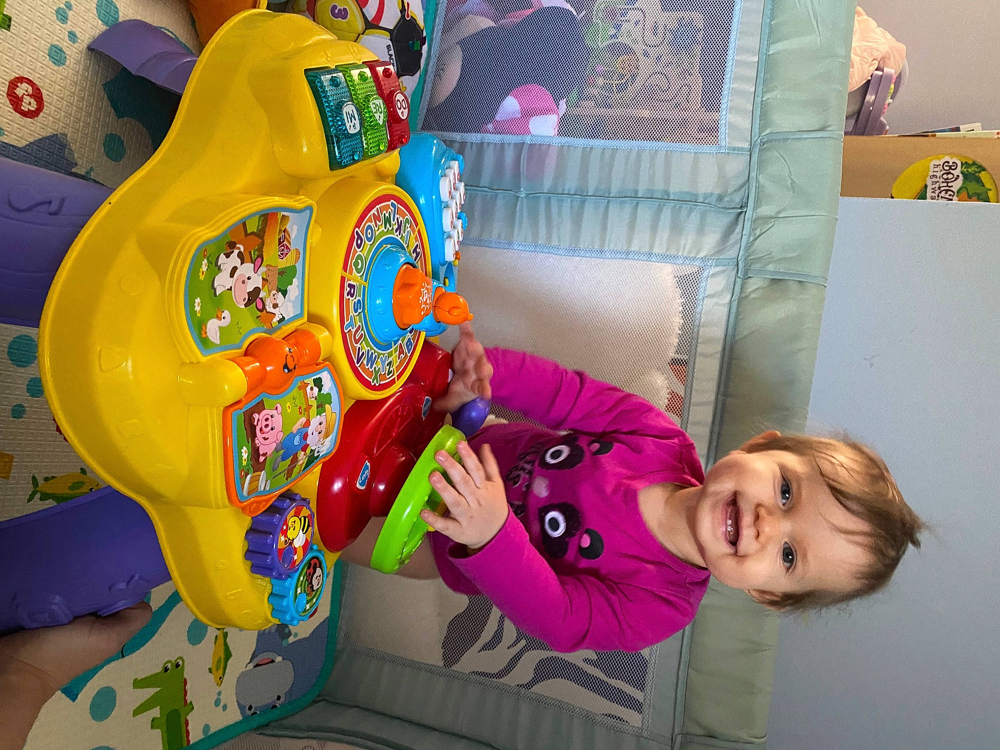 Presley is registered to the contest to win money with this photo: baby, baby_products, baby_toddler_clothing, baby_toys, box, child, fun, joy, leisure, person, plastic, play, plush, product, recreation, room, shelf, smile, stuffed_toy, toddler