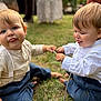baby, barefoot, child, clothing, cute, daylight, friendship, grass, happy, nature, outdoor, pants, play, portrait, smile, stick, suspenders, toddler, tongue, two_children