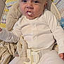 Wyatt joined the competition — help win amazing prizes! baby, infant, onesie, feeding, messy, face, blue_eyes, seat, car_seat, pacifier, blanket, cloth, cute, child, strapped, white_clothing, indoors, expression, skin, person