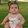 baby, child, grass, outdoor, cute, portrait, sitting, toddler, person, greenery, hair_ties, summer_clothing, innocent, curious, nature, daylight, young_child, casual_wear, small_hands, barefoot