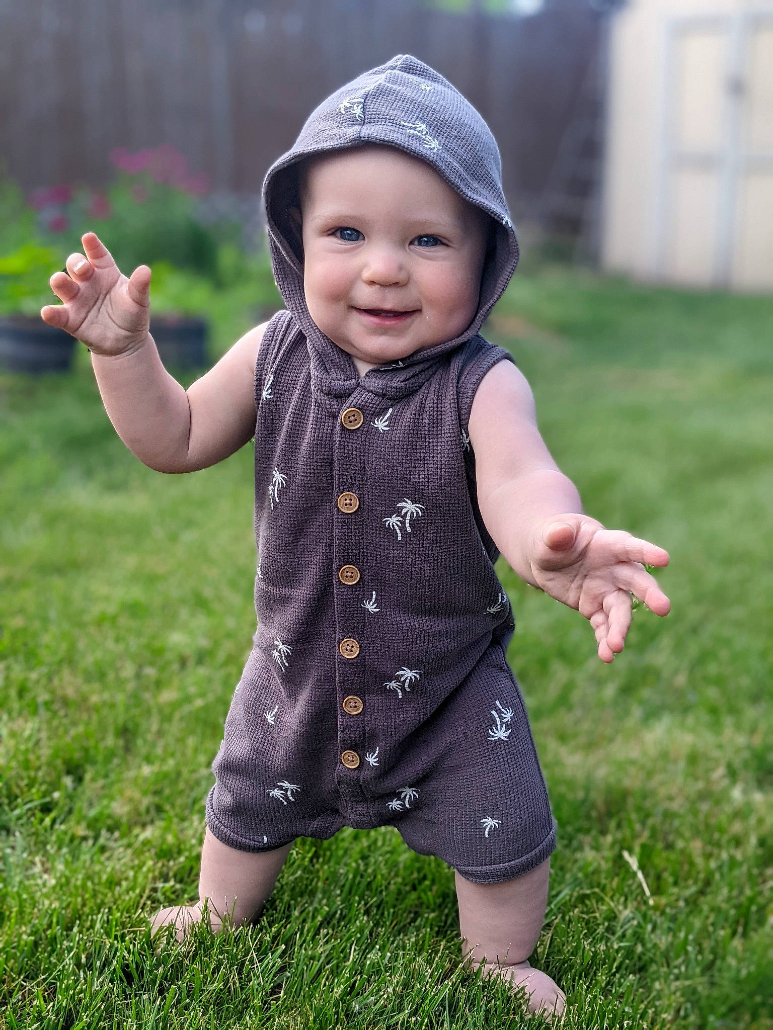 Brody joined the competition — help win amazing prizes! baby, baby_toddler_clothing, cap, child, finger, flash_photography, fun, gesture, grass, grassland, hand, happy, headwear, joy, lawn, leaf, meadow, people_in_nature, person, plant