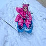 child, toddler, snow, sled, winter_clothing, pink_snowsuit, hat, pacifier, outdoor, snowy_path, cold_weather, boots, play, winter, snow_fun, baby, cute, winter_accessories, fun, person