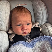 Sutton joined the competition — help win amazing prizes! newborn, baby, infant, child, car_seat, blanket, bundled, sitting, portrait, face, eyes, hair, clothing, harness, cushion, indoor, close_up, calm, photography, safe