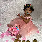 Sara Rodriguez joined the competition — help win amazing prizes! baby, birthday, cake, child, dress, flower_crown, floral, foot, girl, pink, petals, portrait, sitting, smudge, smile, toddler, white_background, celebration, decorations, cute