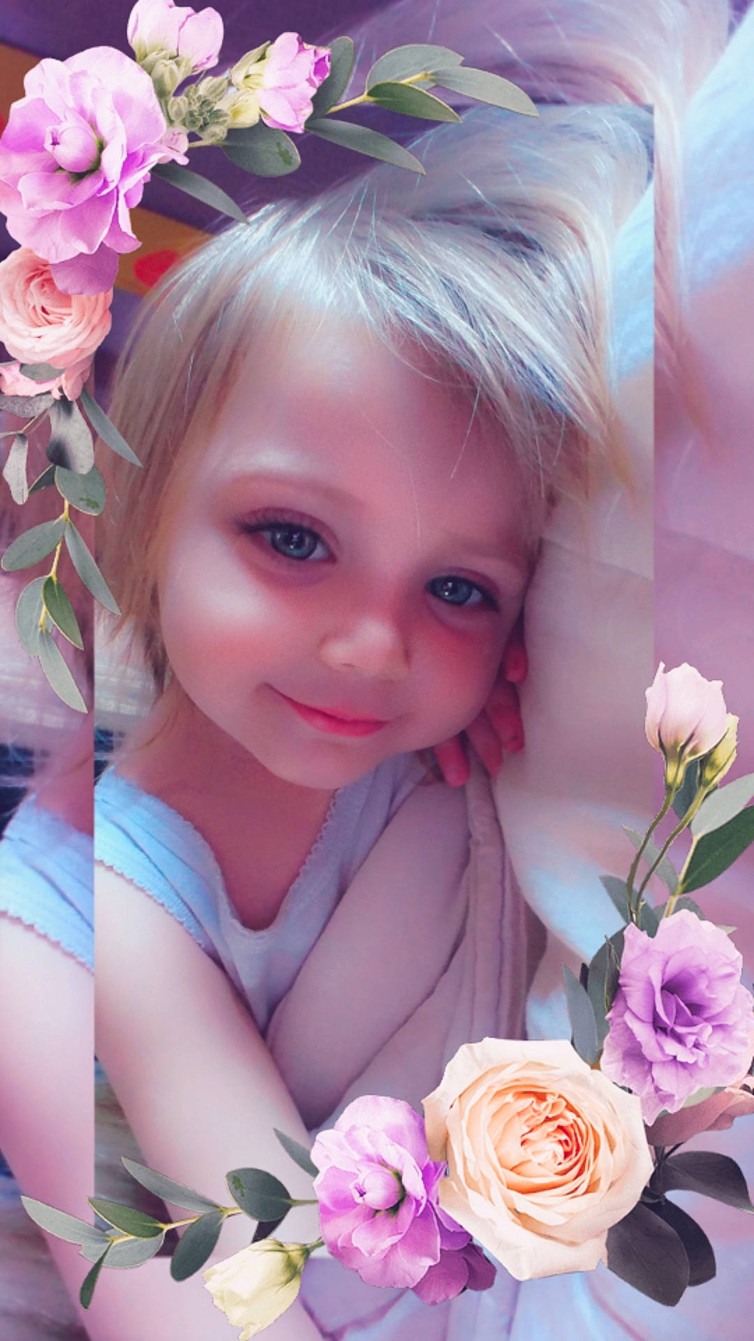 Kalya participe au concours pour gagner de l'argent avec cette photo : blond, cheek, child, cut_flowers, face, flower, garden_roses, hair_accessory, lavender, lilac, person, petal, photography, pink, plant, rose, rose_family, rose_order, smile, toddler