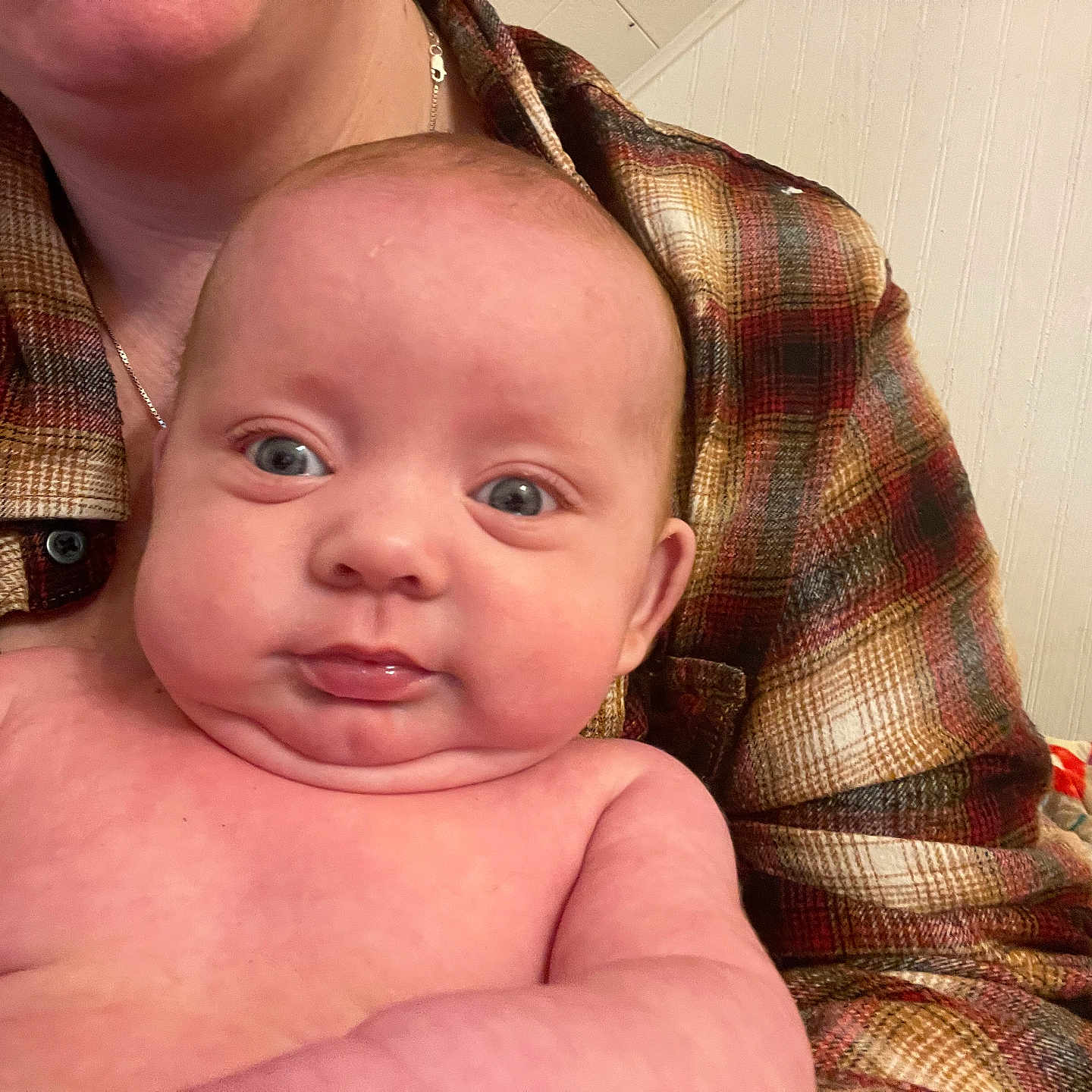 Isolde is registered to the contest to win money with this photo: arm, baby, background, blue_eyes, child, closeup, cute, expression, fabric, face, holding, human, indoor, infant, person, plaid, plaid_shirt, portrait, skin, torso