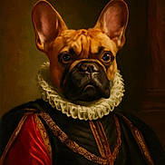 Valentin a rejoint le concours — aidez-le/la à gagner de superbes lots ! art, black, brown, classic, clothing, costume, dog, ears, expression, face, french_bulldog, fur, historical, indoor, noble, painting_style, portrait, red, renaissance, ruffled_collar