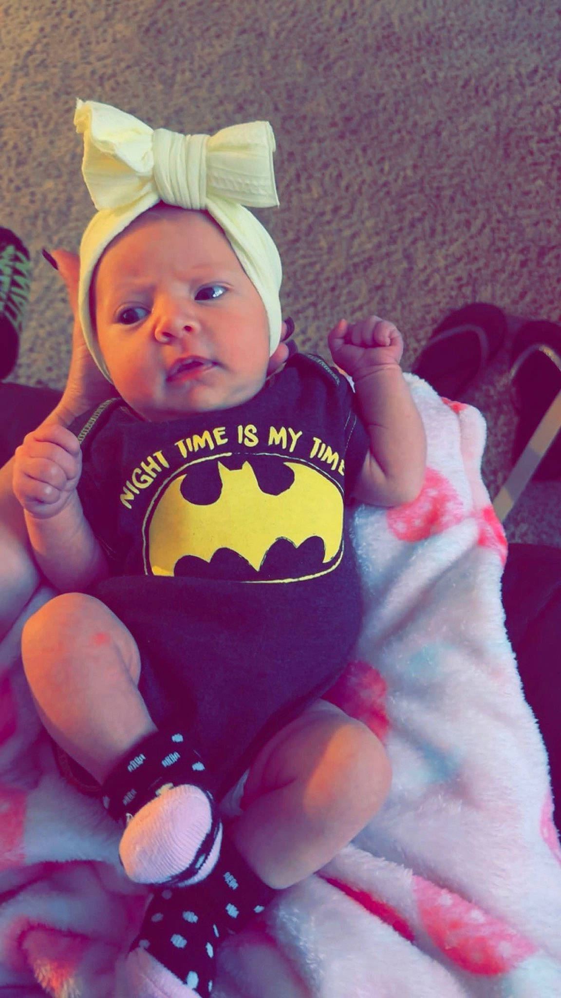 Eliana joined the competition — help win amazing prizes! baby, baby_products, baby_sleeping, baby_toddler_clothing, cap, cheek, eye, fun, happy, hat, head, human_body, mouth, person, pink, purple, skin, sleeve, textile, thigh