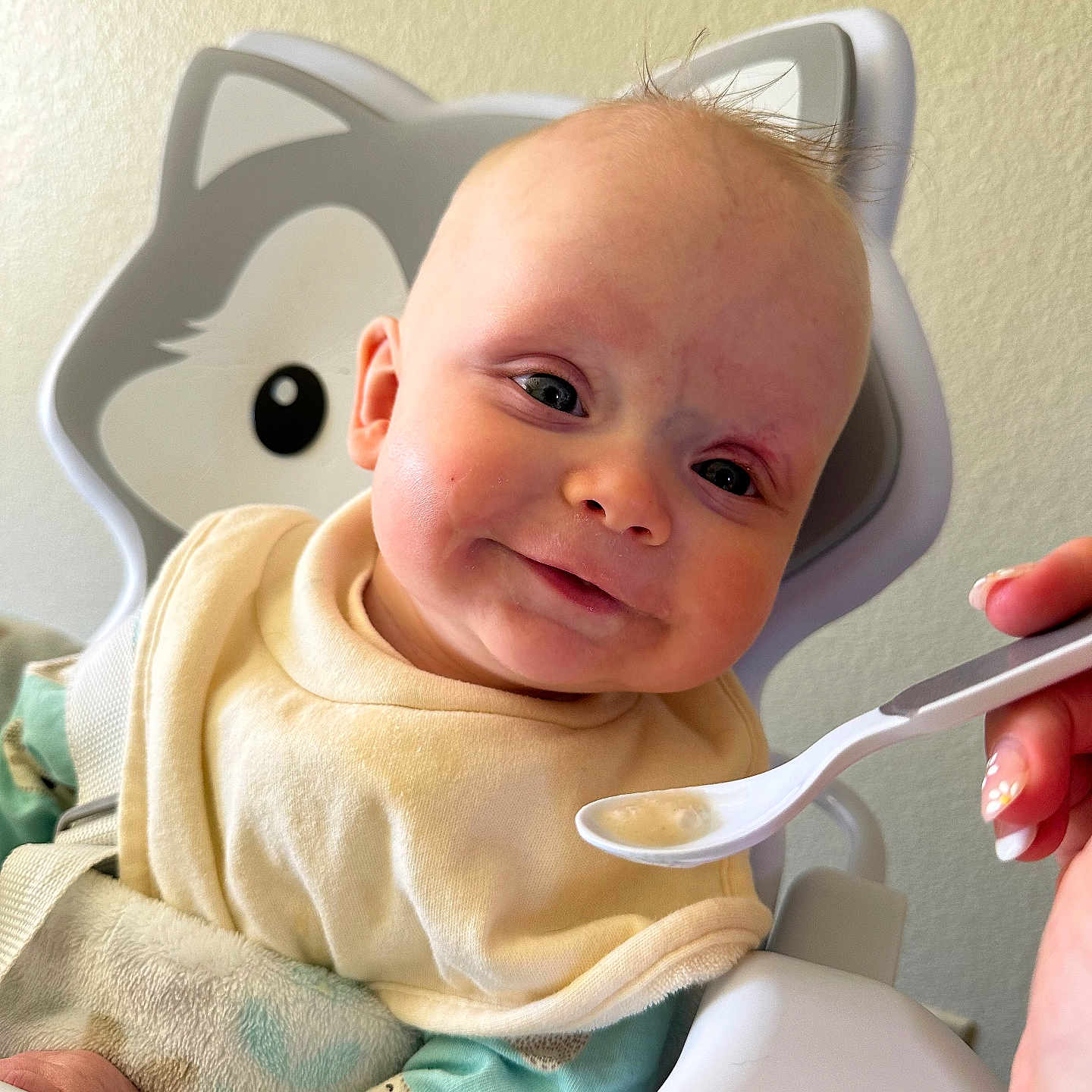 Ryland is registered to the contest to win money with this photo: baby, bodypart, chair, cushion, cutlery, eating, face, finger, food, fork, frown, furniture, hand, head, homedecor, newborn, person, photography, portrait, spoon