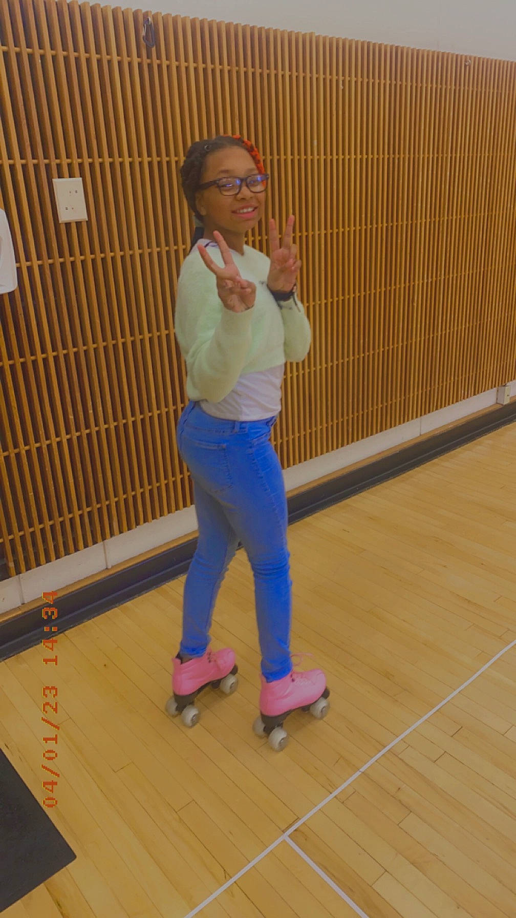 Iyanna joined the competition — help win amazing prizes! balance, elbow, electric_blue, floor, flooring, fun, hardwood, human_leg, joint, joy, knee, leg, leisure, outdoor_shoe, person, recreation, sports, sports_equipment, sportswear, sweatpant