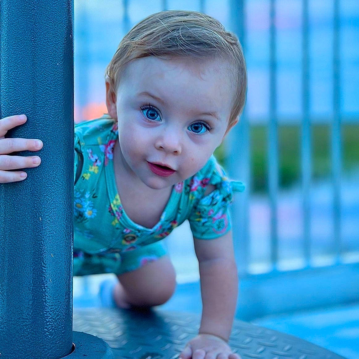 Novalee joined the competition — help win amazing prizes! aqua, azure, baby, baby_toddler_clothing, blue, cheek, child, electric_blue, eye, flash_photography, flooring, fun, happy, iris, leisure, nose, person, skin, smile, standing
