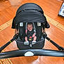 newborn, baby, infant, stroller, baby_carrier, sleeping, indoor, wooden_floor, mesh_cover, baby_clothing, baby_sock, peaceful, black_color, home_interior, floor_pattern, baby_accessory, child, person, resting, cozy