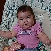 Harper joined the competition — help win amazing prizes! baby, bouncer_seat, cheeks, cute, doll, eyes, face, hair, indoor, infant, leggings, onesie, patterned_fabric, pink_shirt, plush_toy, portrait, rainbow_print, smiling, striped_toy, teething_ring