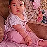 Harper joined the competition — help win amazing prizes! baby, child, sitting, couch, blanket, patterned_blanket, pink_clothing, white_shirt, polka_dots, indoor, curious, wide_eyes, infant, furniture, home, portrait, young_child, soft_lighting, casual, cozy