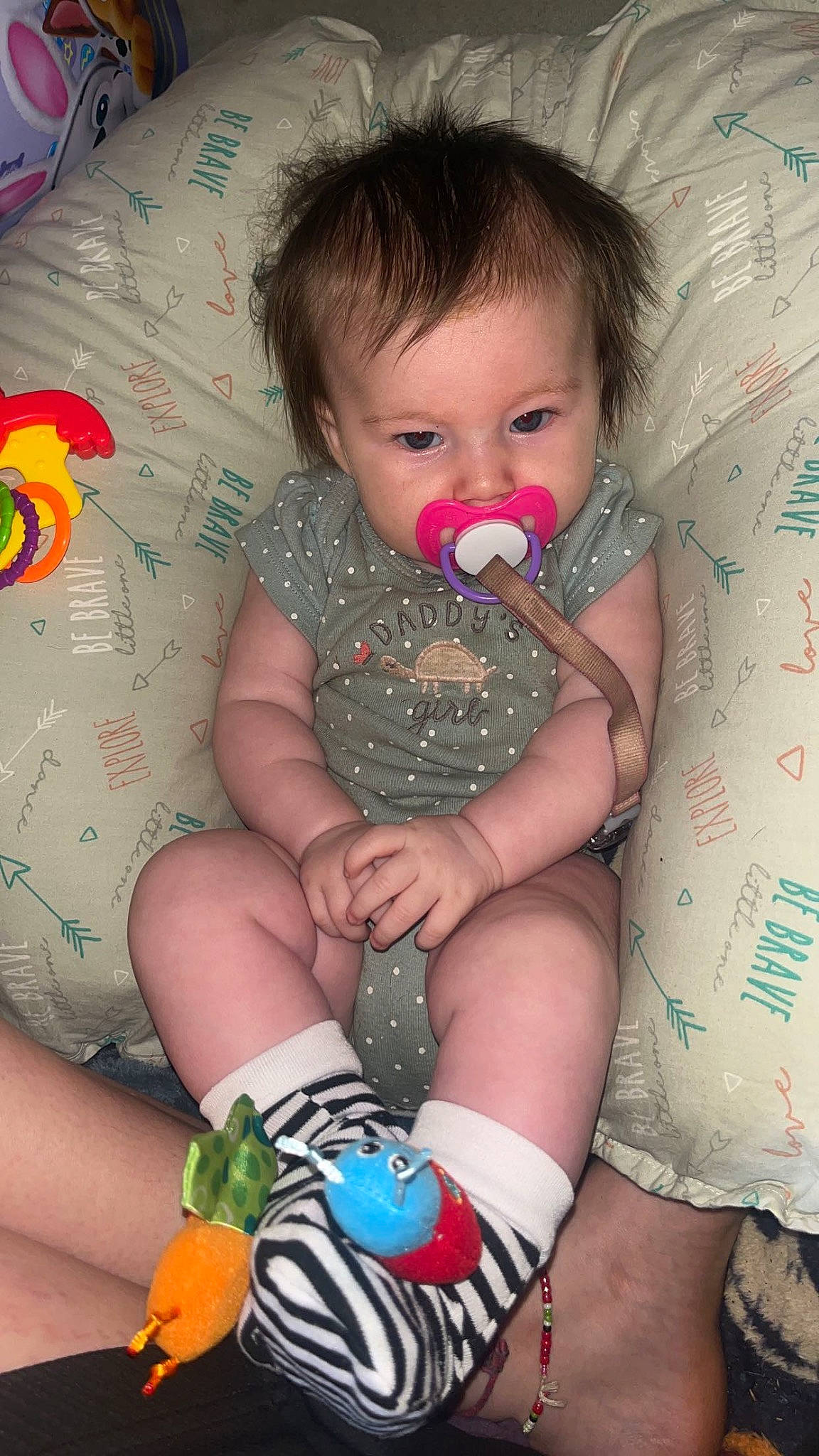 Adalynn joined the competition — help win amazing prizes! arm, baby, baby_toddler_clothing, cheek, child, finger, hand, happy, human_body, human_leg, iris, leg, mouth, nail, person, pink, skin, sock, textile, thigh