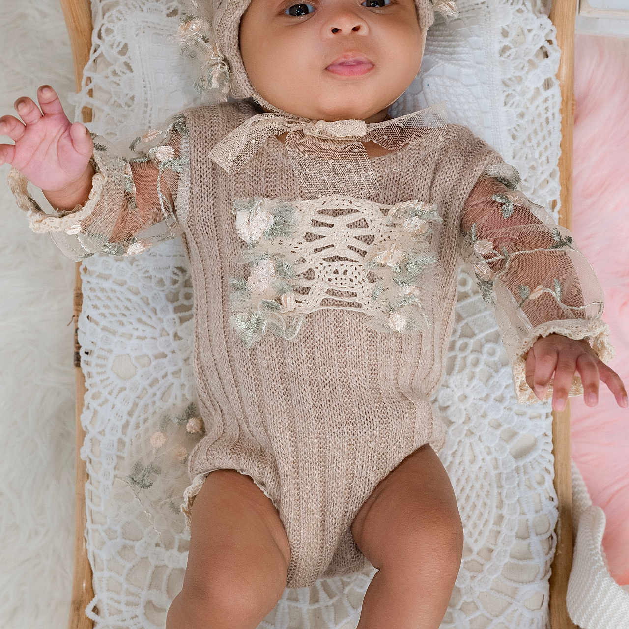 Eva joined the competition — help win amazing prizes! baby, beige, child, cozy, cute, expression, floral_embroidery, foot, hand, headwear, indoors, infant, knit_clothing, lace, lying_down, pastel, portrait, sleeping_area, soft_texture, wicker_bassinet