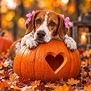 Wishbone is registered to the contest to win money with this photo: dog, beagle, pet, autumn, fall, pumpkin, heart, flowers, hair_clips, outdoor, forest, leaves, orange, brown, portrait, close_up, bokeh, warm_lighting, adorable, seasonal
