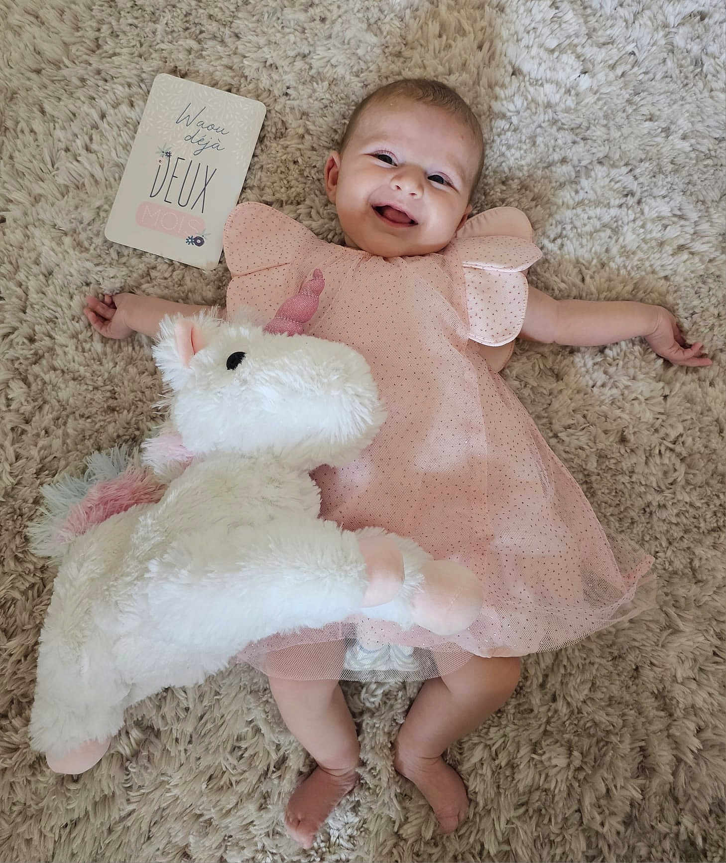 Giulia a rejoint le concours — aidez-le/la à gagner de superbes lots ! baby, infant, pink_dress, plush_toy, unicorn, carpet, milestone_card, smiling, happy, cute, lying_down, soft_texture, child, celebration, two_months, floor, arms_outstretched, feet, indoors, portrait