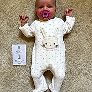 Giulia a rejoint le concours — aidez-le/la à gagner de superbes lots ! baby, infant, pacifier, onesie, bunny_design, carpet, milestone_card, lying_down, white_clothing, polka_dots, cute, newborn, child, indoor, soft_texture, face, hands, feet, expression, age_card