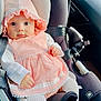 baby, child, car_seat, pink_dress, bonnet, white_tights, infant, seatbelt, car_interior, cute, portrait, person, sitting, closeup, young_child, clothing, safety, car, adorable, face