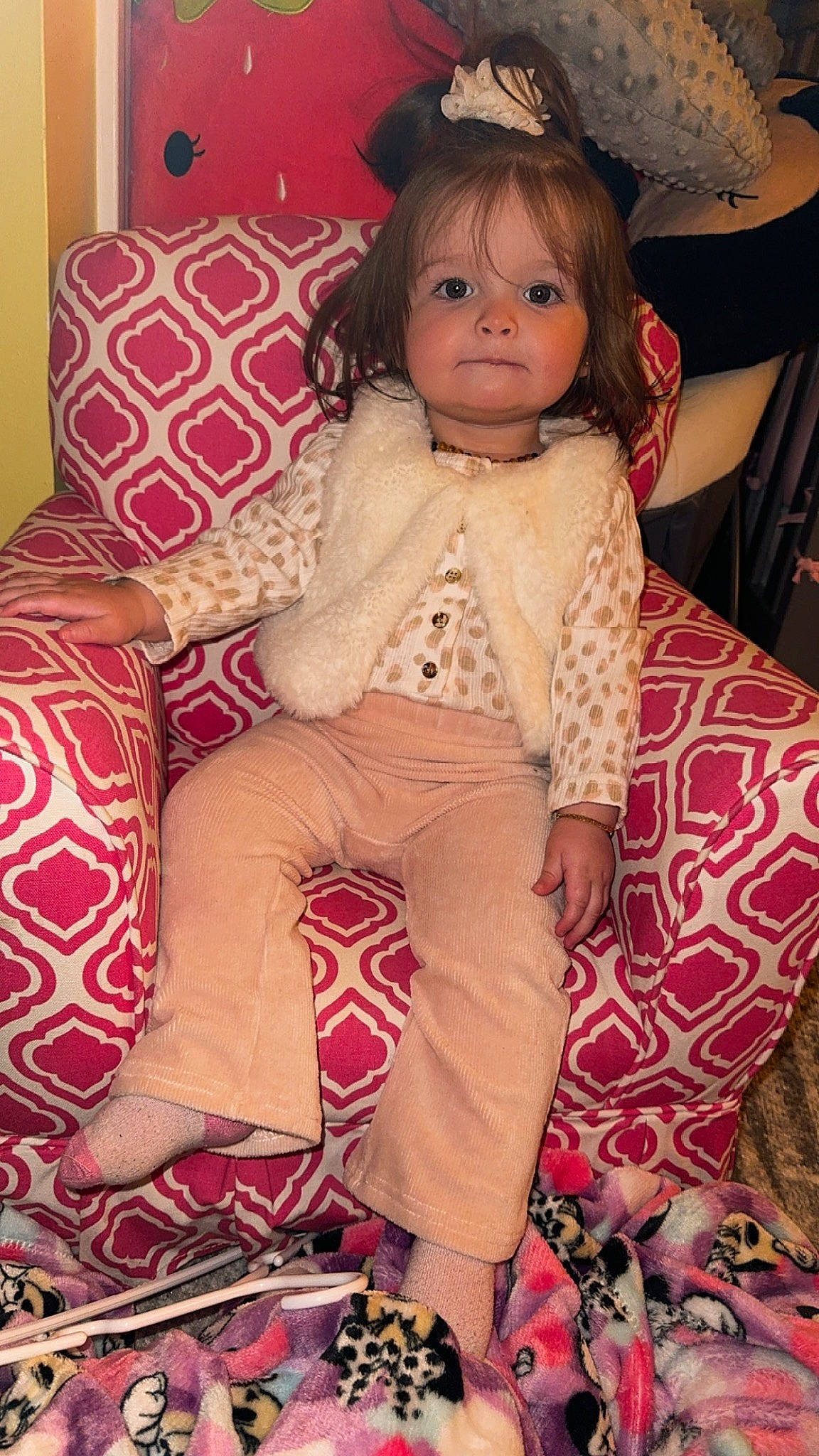 Harper joined the competition — help win amazing prizes! bangs, blond, brown_hair, comfort, doll, eyelash, fashion_design, hairstyle, human_leg, lap, magenta, organ, pattern, person, pink, sitting, skin, sleeve, thigh, toy