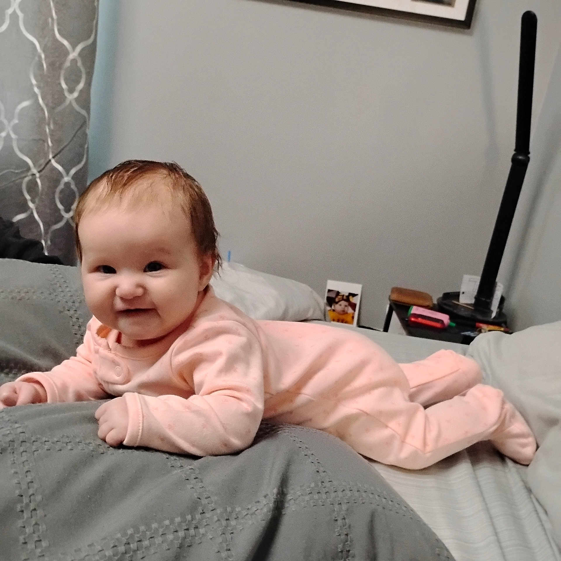 Skylar joined the competition — help win amazing prizes! baby, babylaughing, bed, bedroom, blanket, bodypart, cushion, face, finger, furniture, hand, happy, head, homedecor, indoors, person, photography, portrait, room, smile