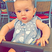 Nevaeh is registered to the contest to win money with this photo: baby, child, high_chair, bow, polka_dot, dress, restaurant, people, indoor, furniture, table, chair, person, cute, portrait, skin, face, infant, tabletop, dining