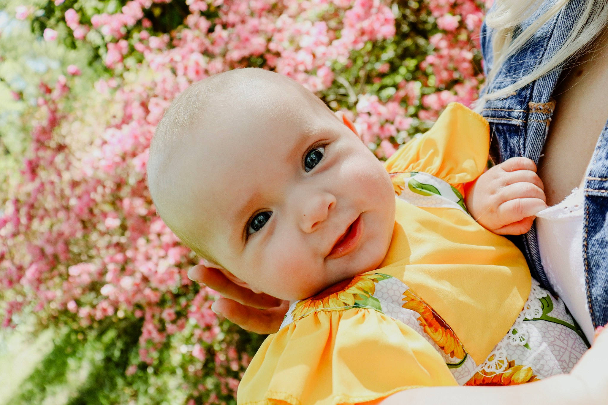 Blaire joined the competition — help win amazing prizes! baby, baby_toddler_clothing, clothing, dress, eye, flower, grass, happy, head, iris, leaf, people_in_nature, person, petal, pink, plant, skin, smile, textile, toddler