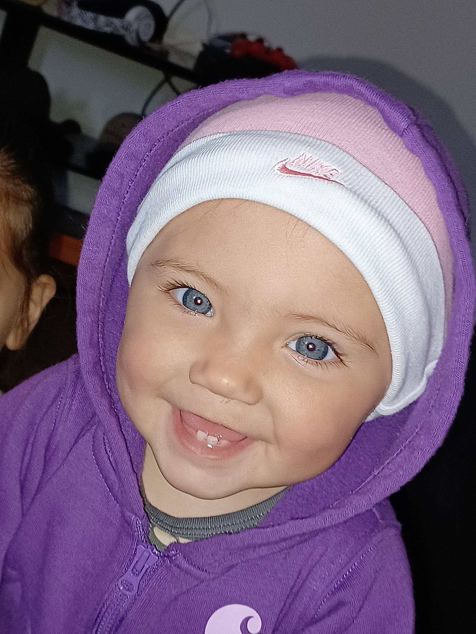 Alexandra joined the competition — help win amazing prizes! baby, cap, cheek, ear, eye, eyebrow, face, happy, head, headwear, joy, lip, mouth, nose, organ, person, pink, purple, skin, sleeve