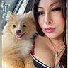 car_interior, casual_clothing, cute, daylight, dog, furry_pet, gas_station, happy, holding, long_hair, makeup, necklace, pomeranian, portrait, puppy, seatbelt, selfie, smiling_dog, window, woman