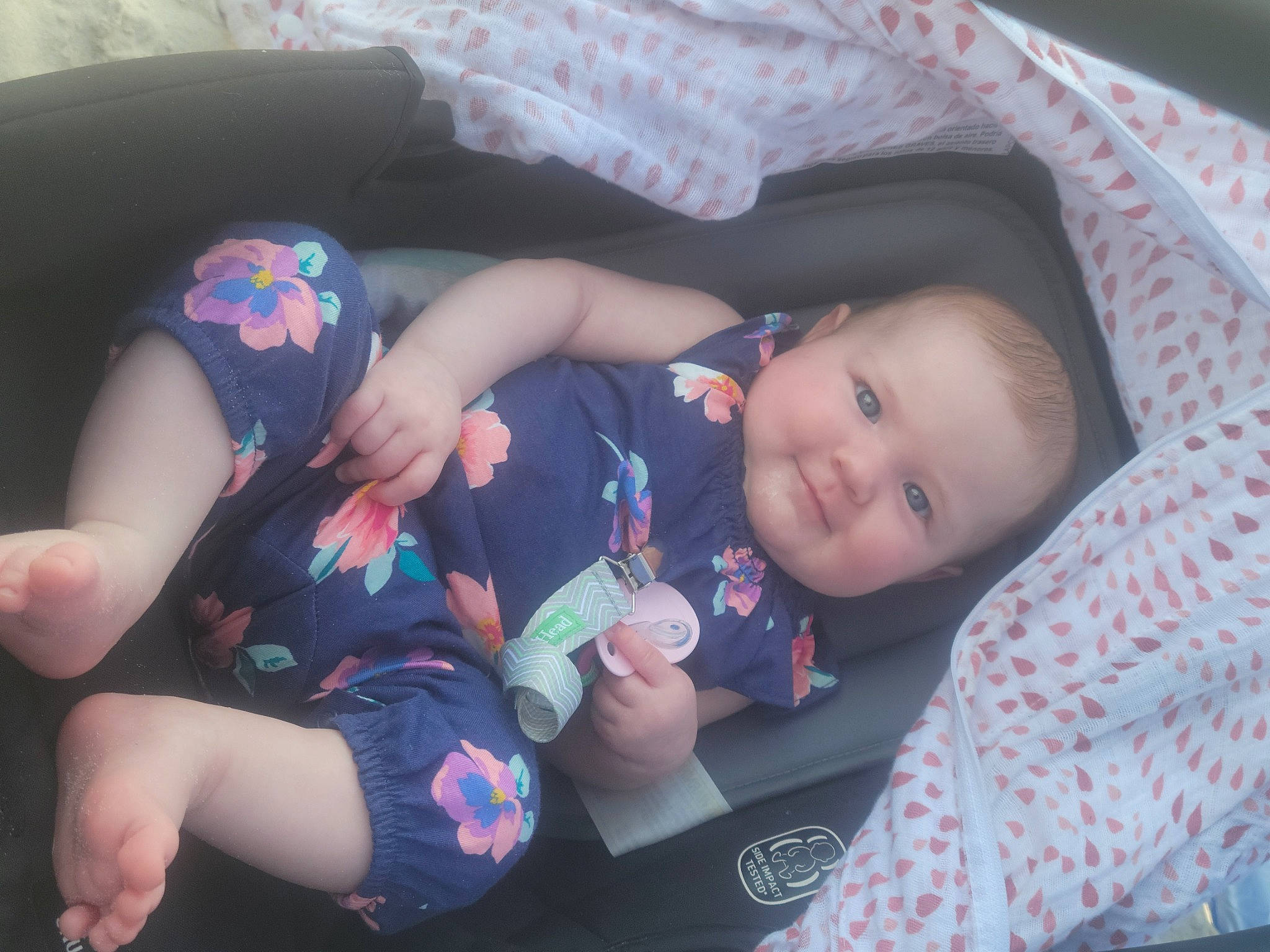 Nora joined the competition — help win amazing prizes! baby, baby_carriage, car_seat, cheek, child, comfort, finger, fun, lap, mammal, mouth, organ, people, person, product, skin, smile, textile, thigh, toddler