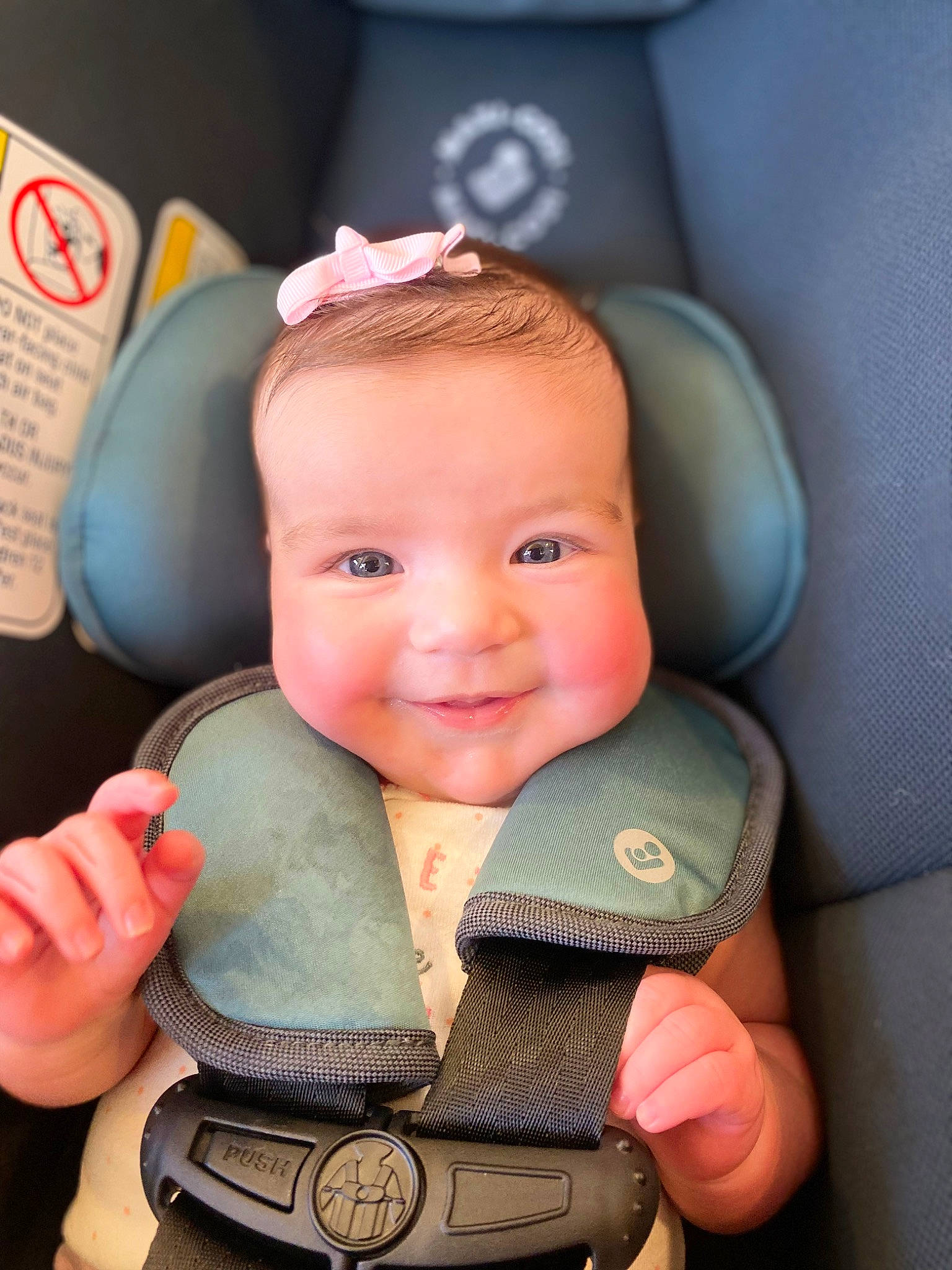 Madelynn is registered to the contest to win money with this photo: baby, baby_in_car_seat, baby_safety, baby_toddler_clothing, cheek, eyebrow, eyelash, finger, gadget, gesture, hand, happy, head, nail, nose, person, seat_belt, skin, smile, thumb