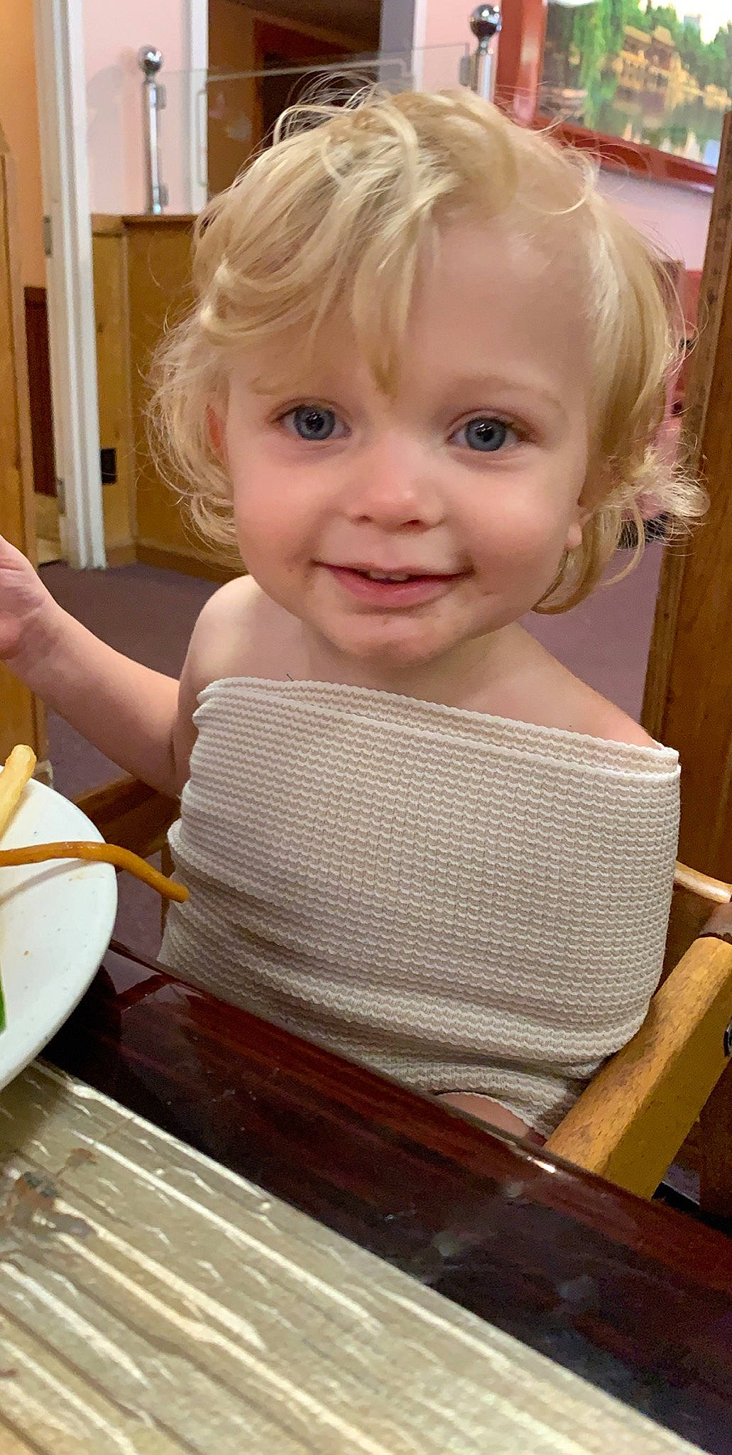 Damian Junior joined the competition — help win amazing prizes! baby, baby_toddler_clothing, blond, cheek, child, child_model, cutlery, dishware, eye, eyebrow, eyelash, fork, hairstyle, iris, joy, kitchen_utensil, person, plate, tableware, thread