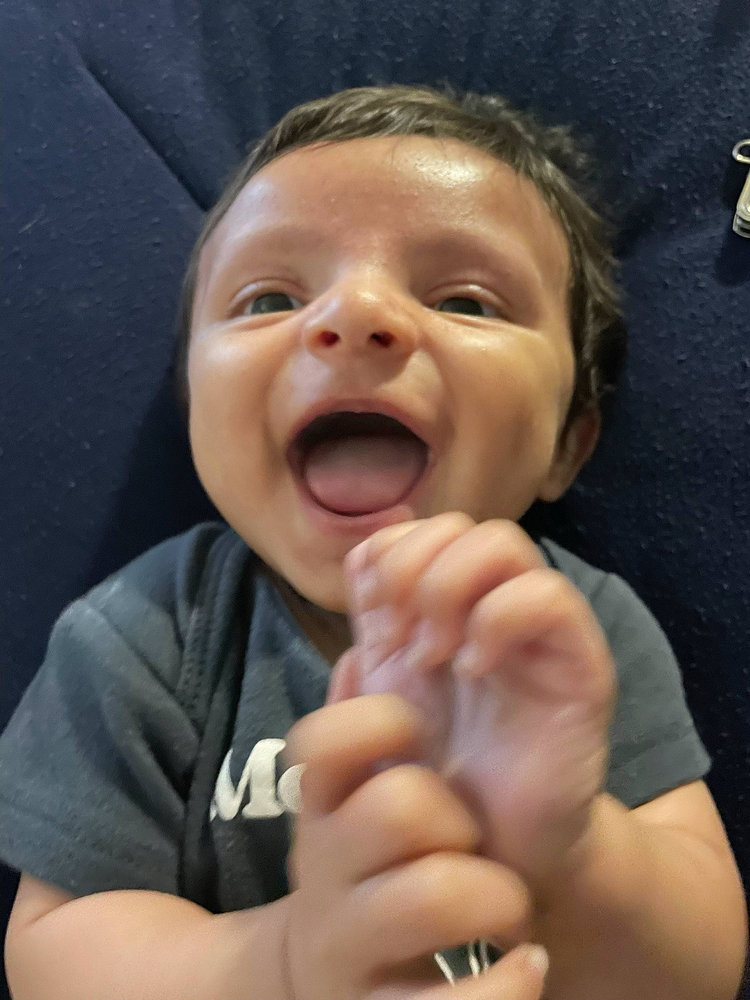 Dominic joined the competition — help win amazing prizes! baby, baby_laughing, baby_toddler_clothing, cheek, eye, finger, gesture, happy, jaw, lip, mouth, nose, person, shout, skin, sleeve, smile, thumb, toddler, tooth