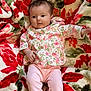 baby, infant, child, headband, tiara, floral_blanket, blanket, floral_top, pink_pants, newborn, portrait, lying_down, cute, eyes_open, hand, legs, skin, cozy, pattern, indoor