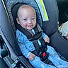 Miles joined the competition — help win amazing prizes! baby, car_seat, child, infant, smile, blue_onesie, animal_prints, safety_harness, happy, cute, seatbelt, car_interior, child_safety, young_child, portrait, infant_clothing, baby_face, small_hands, baby_feet, car_trip