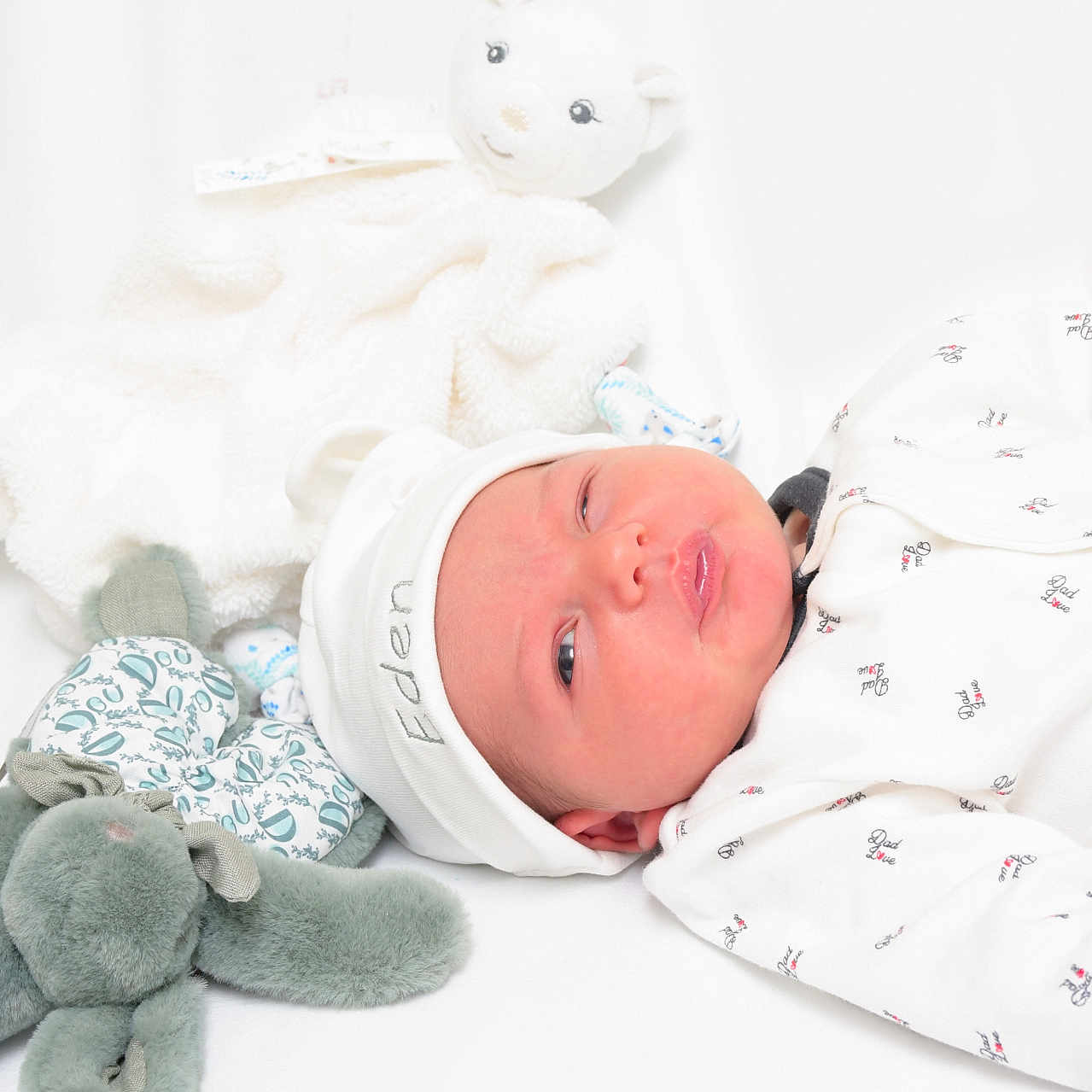 Eden a rejoint le concours — aidez-le/la à gagner de superbes lots ! animal, baby, bear, bed, blanket, bodypart, bonnet, cap, clothing, face, finger, furniture, hand, hat, head, newborn, person, photography, portrait, toy