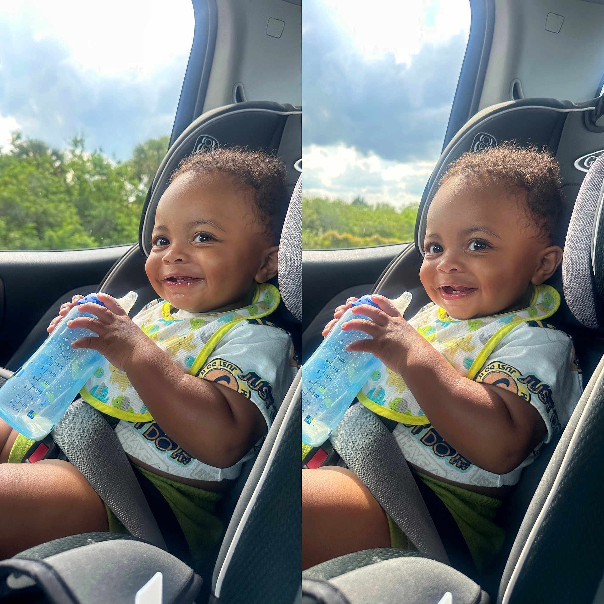 Jaylan joined the competition — help win amazing prizes! baby, bib, bottle, car_interior, car_seat, child, clothing, cute, daylight, face, greenery, hair, hand, happy, portrait, seatbelt, sitting, smile, toddler, window