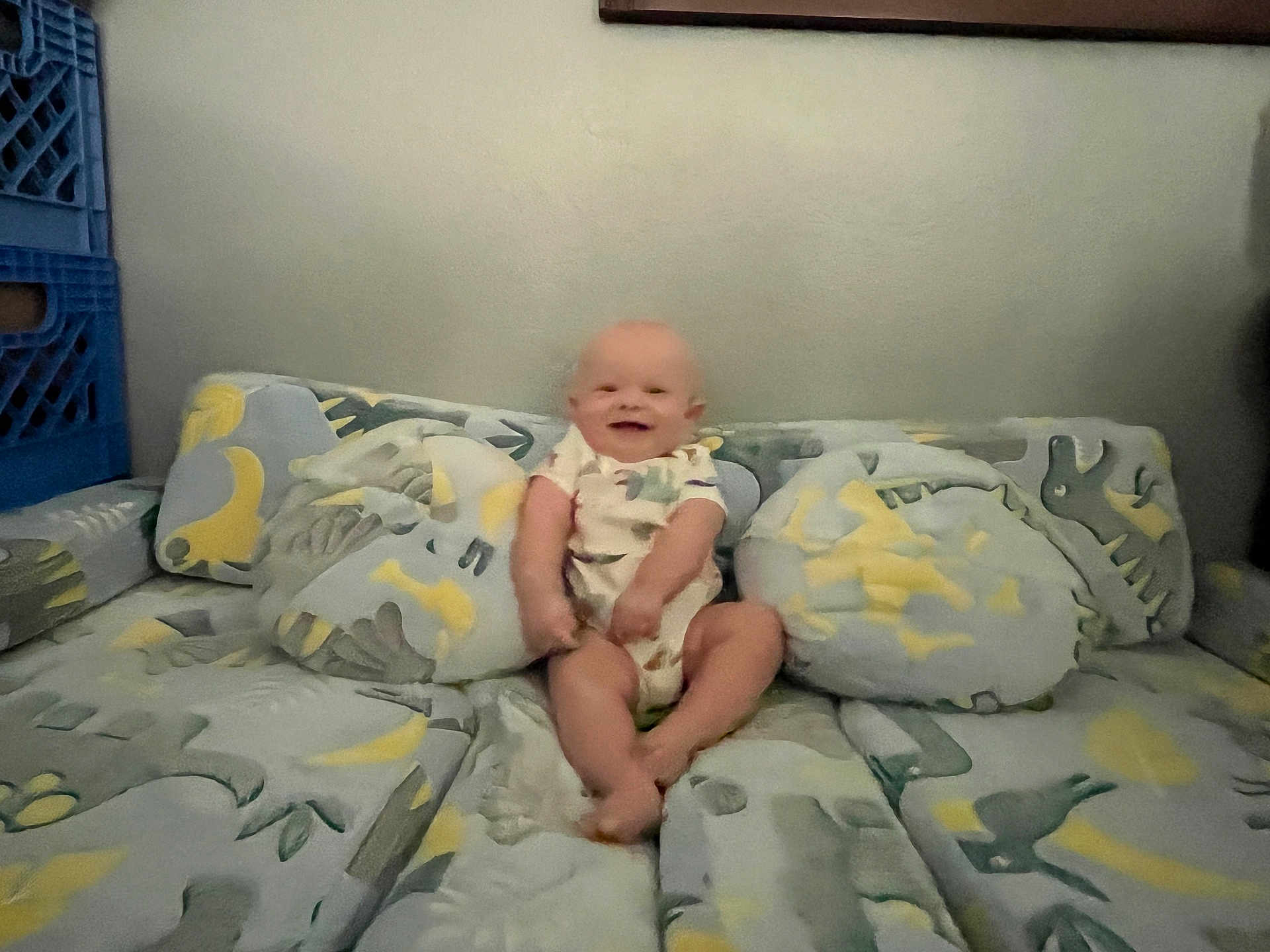 Azekiel joined the competition — help win amazing prizes! baby, child, smile, couch, cushion, patterned_fabric, indoor, infant, seated, home, furniture, person, happy, living_room, soft_toys, plush, cozy, comfortable, cute, casual